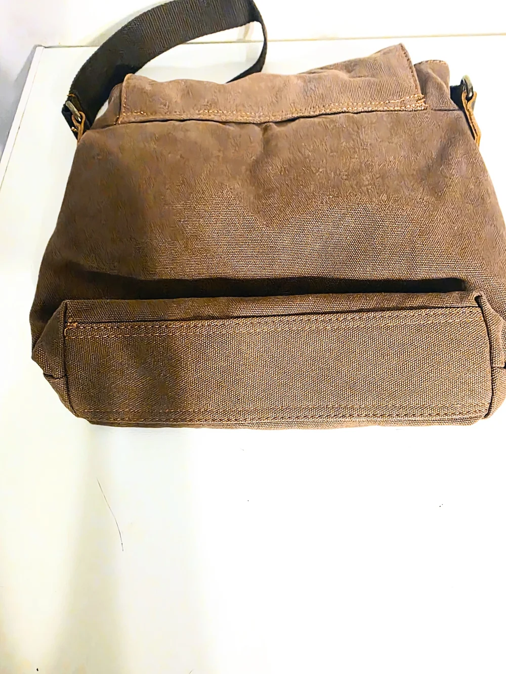 Brown Canvas Messenger Bag with Leather Trim - Unbranded